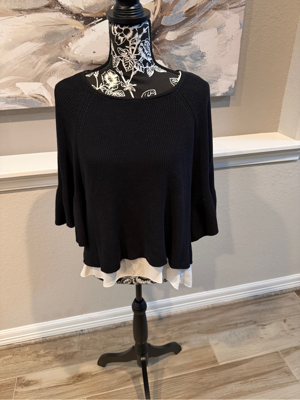 INC International Concepts Black Knit Layered Hem Scoop Neck Top